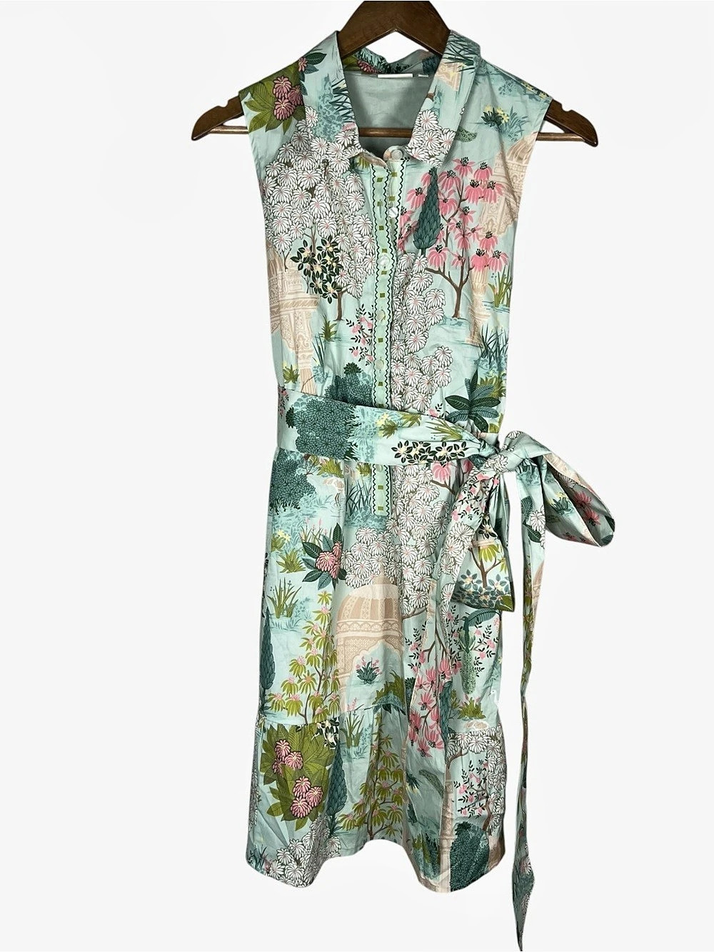Spartina 449 Womens Abigail Midi Dress Size L Aqua Chinoiserie Floral Belted NWT